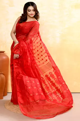 Women's red embellished cotton blend jamdani saree