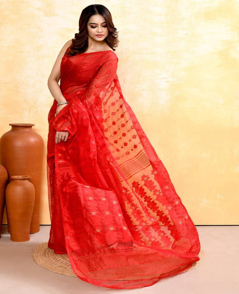 Women's red embellished cotton blend jamdani saree