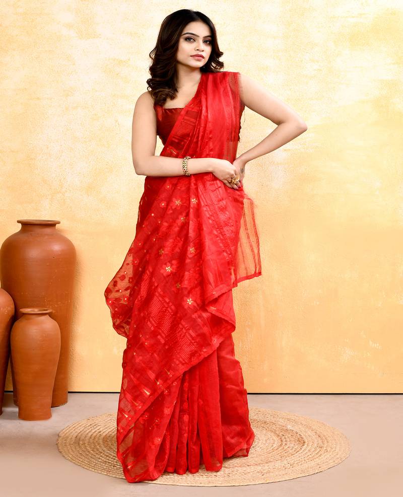 Women's red embellished cotton blend jamdani saree