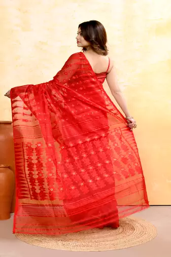 Women's red embellished cotton blend jamdani saree