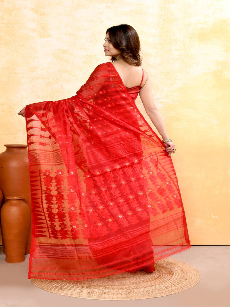 Women's red embellished cotton blend jamdani saree