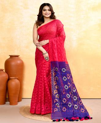 Women's rani pink embellished cotton blend jamdani saree 1