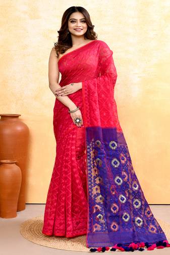 Women's rani pink embellished cotton blend jamdani saree