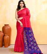 Women's rani pink embellished cotton blend jamdani saree