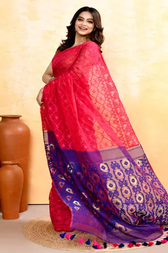 Women's rani pink embellished cotton blend jamdani saree