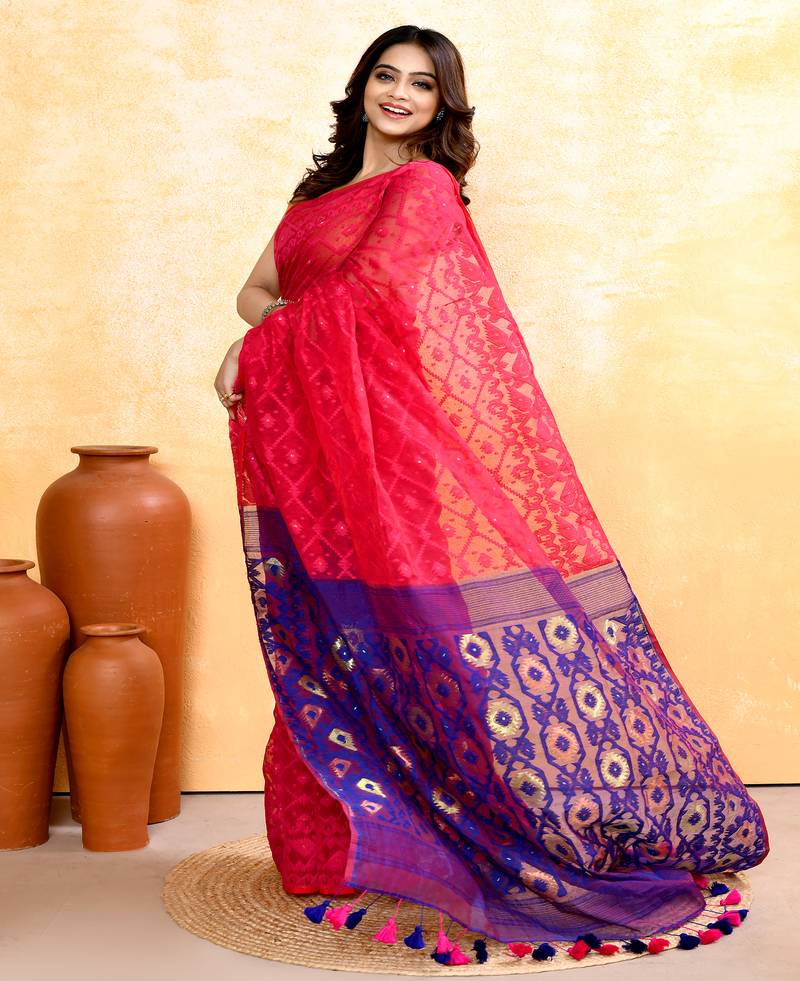 Women's rani pink embellished cotton blend jamdani saree