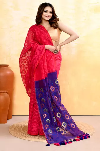 Women's rani pink embellished cotton blend jamdani saree