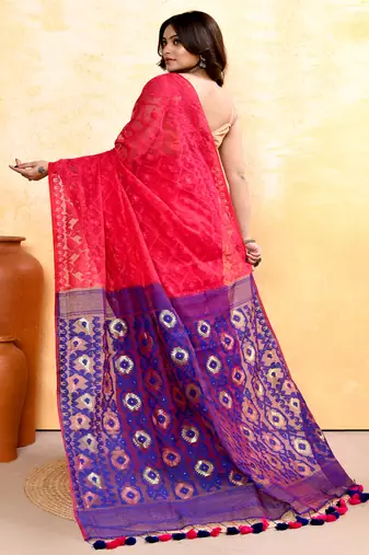 Women's rani pink embellished cotton blend jamdani saree