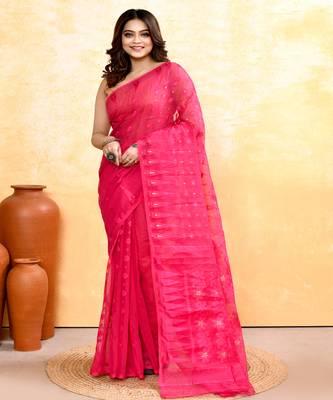 Women's rani pink embellished cotton blend jamdani saree 1