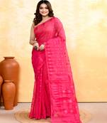 Women's rani pink embellished cotton blend jamdani saree