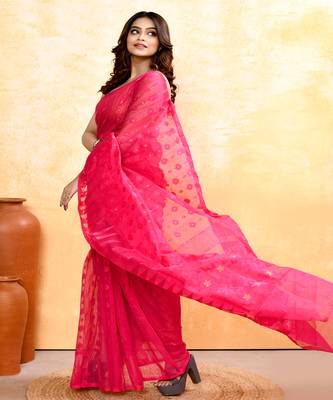 Women's rani pink embellished cotton blend jamdani saree 2