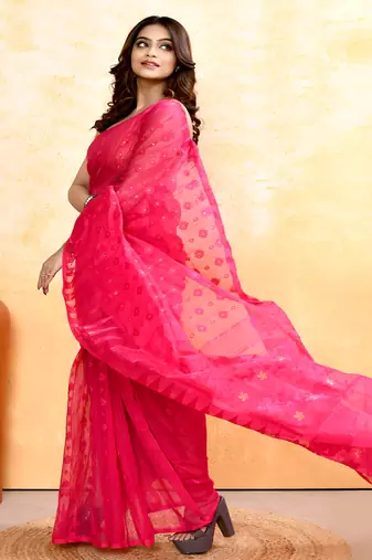 Women's rani pink embellished cotton blend jamdani saree
