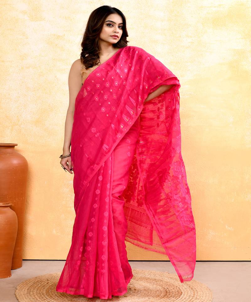 Women's rani pink embellished cotton blend jamdani saree