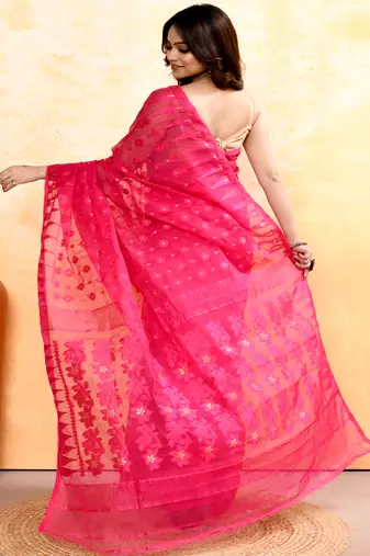 Women's rani pink embellished cotton blend jamdani saree