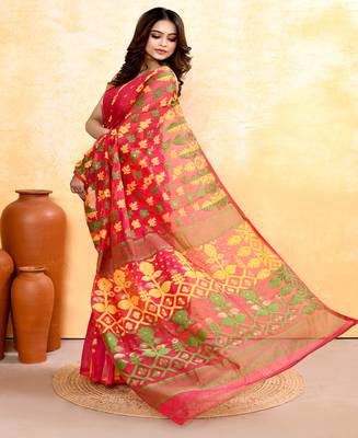 Women's red embellished cotton blend jamdani saree 1