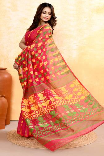 Women's red embellished cotton blend jamdani saree
