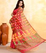 Women's red embellished cotton blend jamdani saree