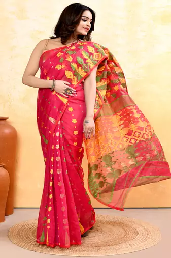 Women's red embellished cotton blend jamdani saree