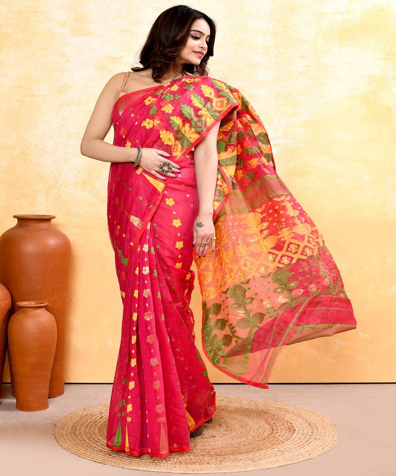 Women's red embellished cotton blend jamdani saree