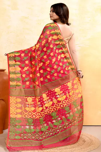Women's red embellished cotton blend jamdani saree