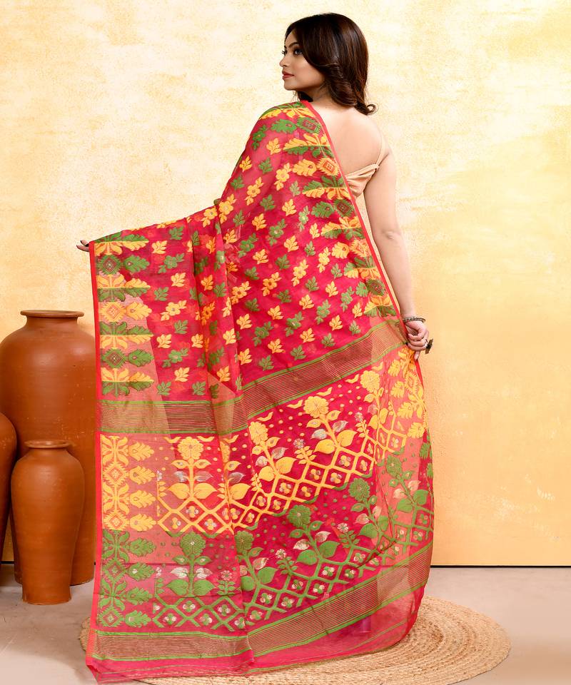 Women's red embellished cotton blend jamdani saree