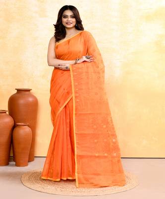Women's orange embellished cotton blend jamdani saree 1