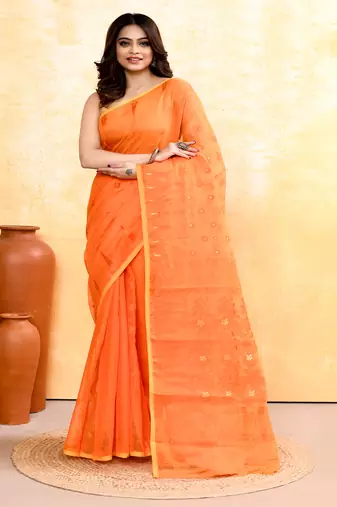 Women's orange embellished cotton blend jamdani saree