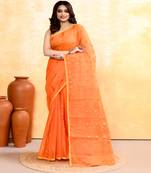 Women's orange embellished cotton blend jamdani saree