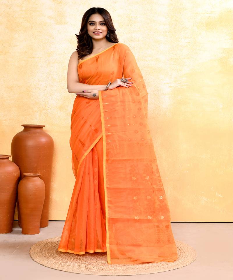 Women's orange embellished cotton blend jamdani saree