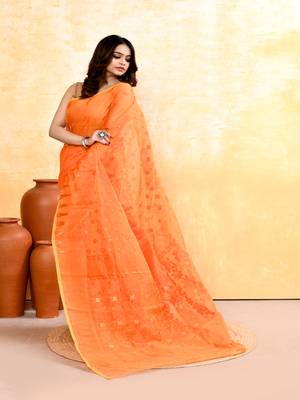 Women's orange embellished cotton blend jamdani saree 2