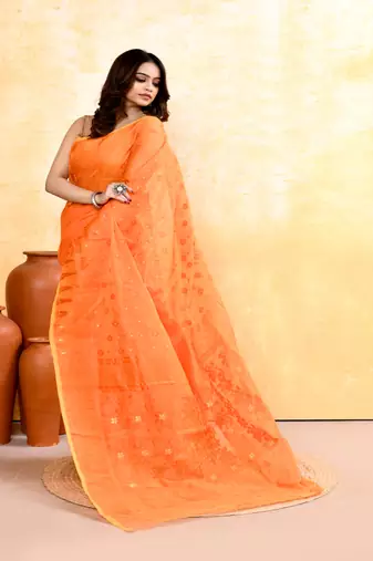 Women's orange embellished cotton blend jamdani saree