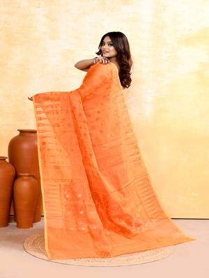 Women's orange embellished cotton blend jamdani saree 4