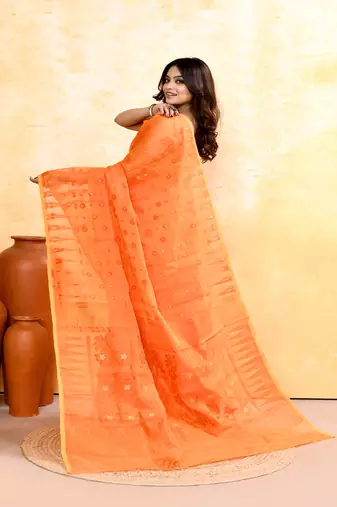 Women's orange embellished cotton blend jamdani saree