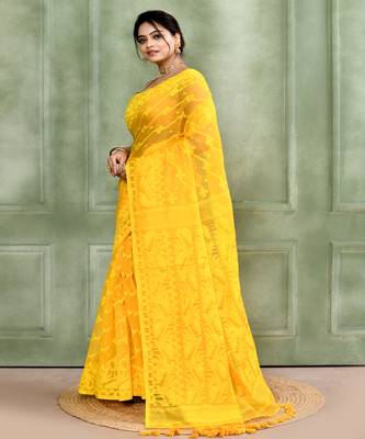 Women's yellow embellished cotton blend jamdani saree 1