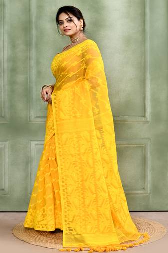 Women's yellow embellished cotton blend jamdani saree