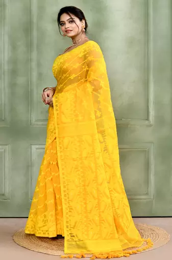 Women's yellow embellished cotton blend jamdani saree