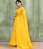 Women's yellow embellished cotton blend jamdani saree