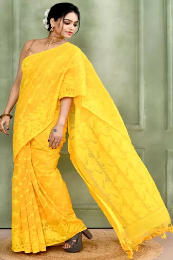 Women's yellow embellished cotton blend jamdani saree