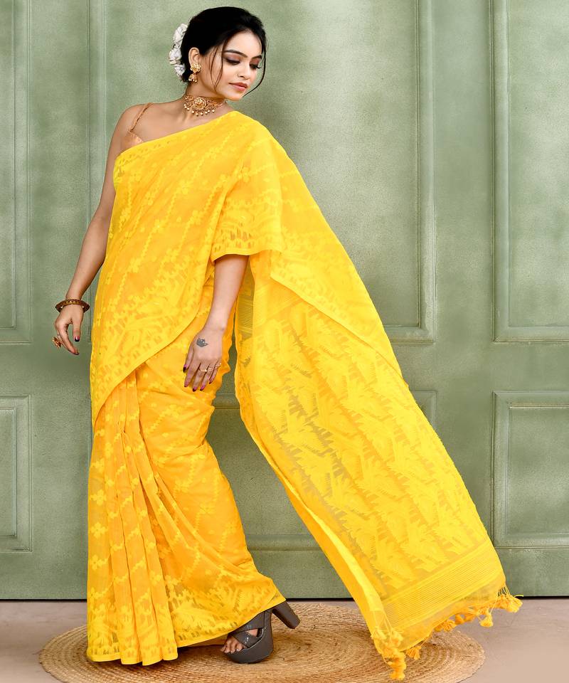Women's yellow embellished cotton blend jamdani saree