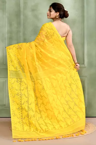 Women's yellow embellished cotton blend jamdani saree