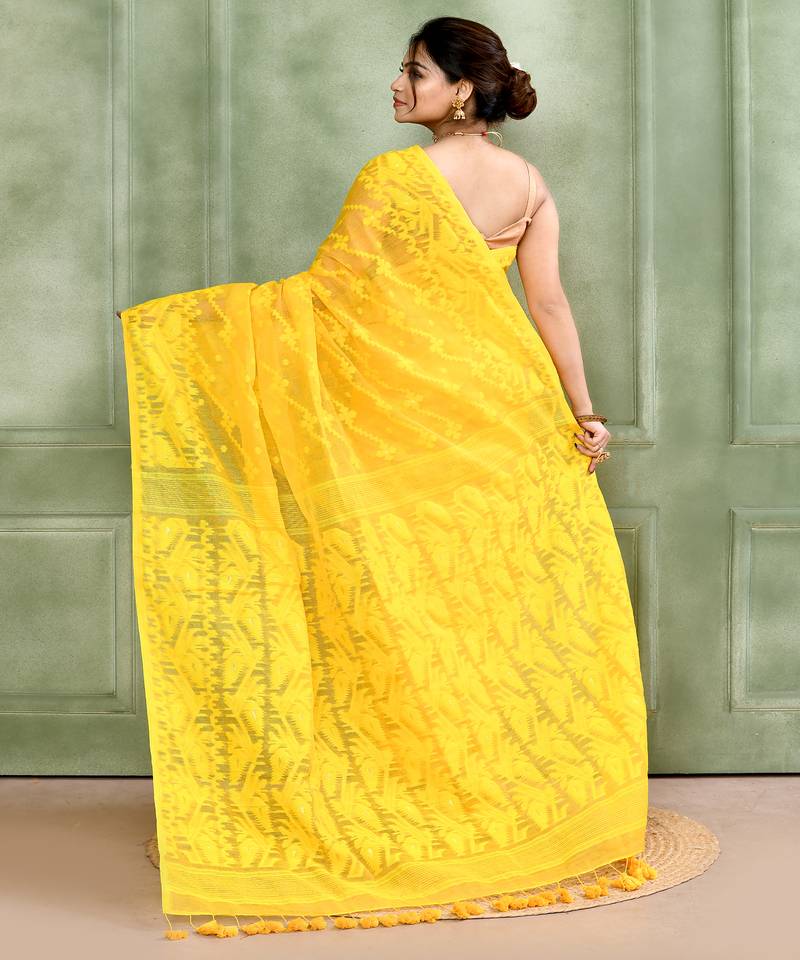 Women's yellow embellished cotton blend jamdani saree