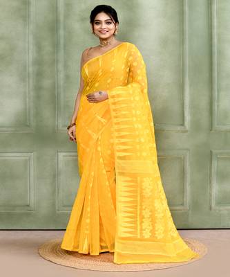 Women's yellow embellished cotton blend jamdani saree 1