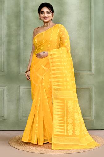 Women's yellow embellished cotton blend jamdani saree
