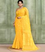 Women's yellow embellished cotton blend jamdani saree