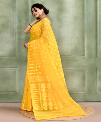 Women's yellow embellished cotton blend jamdani saree 2