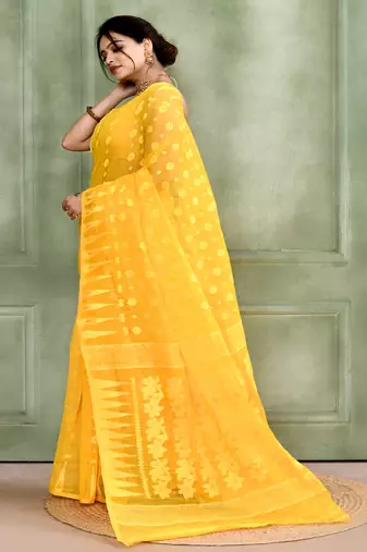Women's yellow embellished cotton blend jamdani saree