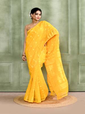Women's yellow embellished cotton blend jamdani saree 3