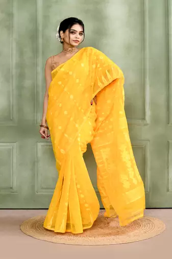 Women's yellow embellished cotton blend jamdani saree