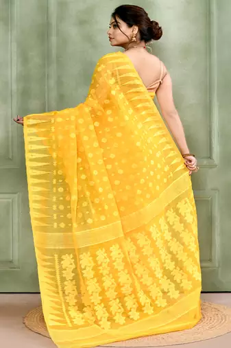 Women's yellow embellished cotton blend jamdani saree
