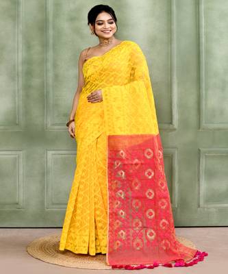 Women's yellow embellished cotton blend jamdani saree 1
